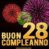 Animazione di fuochi d'artificio colorati con il numero 28 in oro brillante e la scritta 'Buon Compleanno' su uno sfondo nero festivo ed elegante.