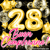 Animazione con palloncini dorati a forma del numero 28, circondati da decorazioni scintillanti e la scritta 'Buon Compleanno!' in caratteri rosa accattivanti.