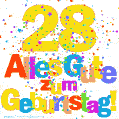 Festliches und farbenfrohes GIF-Bild zum 28. Geburtstag.