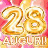 Bouquet animato di palloncini multicolori che emergono da una scatola regalo, con il numero 28 e la scritta 'Tanti Auguri!' su uno sfondo pieno di coriandoli.