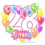 An animated birthday greeting card with a large '28' in pink outline surrounded by colorful balloons heart-shaped frame, and 'Happy Birthday!' written below in hand-written font.