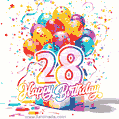 Animated star-shaped confetti, multicolor balloons, and a gift box in a joyful 28th birthday GIF