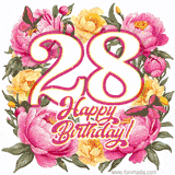 A celebratory GIF image features the animated number '28' and the words 'Happy Birthday!' surrounded by pink and yellow flowers. Two moving butterflies are included in this festive design.