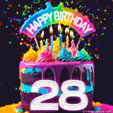 Chocolate cake with cyan layers, pink dressing and a big number 28 adorned with vibrant multicolored frosting, lit candles, and a rainbow topper with text that says 'Happy Birthday'. Animated colorful confetti move behind the cake.