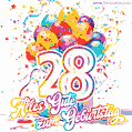 Animiertes Konfetti, mehrfarbige Luftballons und eine Geschenkbox in einem fröhlichen GIF zum 28. Geburtstag