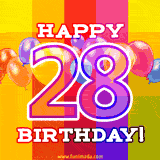 A birthday cake with lit candles is shown with colorful balloons and animated confetti.
