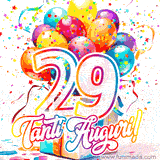 Animazione con palloncini colorati e scintillanti, accompagnata dal numero 29 in caratteri grandi e luminosi, e la scritta 'Tanti Auguri!' in stile vivace.
