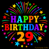 A birthday cake with lit candles is shown with colorful balloons and animated confetti.