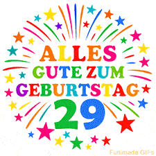 Bunte 'Alles Gute zum Geburtstag' Animation für den 29. Geburtstag mit Sternen und bunten Farben