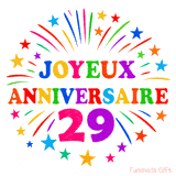 GIF animé joyeux anniversaire 29 ans avec étoiles multicolores et feu d’artifice