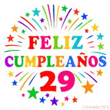Imagen animada para felicitar los 29 años con letras de colores y diseño festivo.