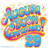 GIF animata con la scritta 'Auguri di Buon Compleanno 29' in colori vivaci e stile artistico festoso.