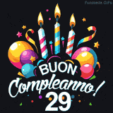 Augura buon compleanno ai 29 anni con questa GIF colorata e festosa: palloncini, stelle e candele per un augurio digitale indimenticabile