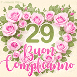 GIF per il 29° compleanno con un cuore di rose rosa e scritta elegante