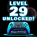 Animated GIF for a 29 birthday. The text 'Level 29 Unlocked!' and 'Happy Birthday!' are displayed over a blue video game controller with exploding fireworks in the background.