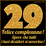 Un GIF animato per un 29° compleanno, Presenta il testo 'Buon Compleanno 29' su uno sfondo giallo vivo con palloncini colorati, festoni e una pioggia di coriandoli.