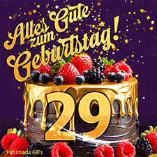 Eine köstlich aussehende animierte Geburtstagskarte für den 29. Geburtstag, dekoriert mit Erdbeeren, Blaubeeren und goldenen Details, Sterne funkeln und fallen, mit 'Alles Gute zum Geburtstag!'-Text.
