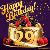 A delicious-looking animated birthday card for a 29th birthday, decorated with raspberries, blackberries, and gold details, Stars sparkle and fall, with 'Happy Birthday!' text above.