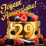 Une animation de célébration d'un gâteau de 29ème anniversaire, Des étoiles dorées tombent du ciel, mettant en valeur le texte 'Joyeux Anniversaire !' et le nombre doré 29 à l'avant du gâteau.