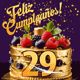 Una animación de celebración de una tarta para el 29º cumpleaños, Estrellas doradas caen del cielo, destacando el texto '¡Feliz Cumpleaños!' y el número dorado 29 en la tarta.