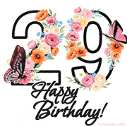 A floral 29th birthday animated greeting card. The number '29' is surrounded by animated flowers and butterflies, creating a beautiful and cheerful way to celebrate the milestone.