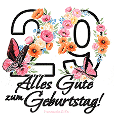 Ein florales GIF zum 29. Geburtstag. Die Zahl '29' ist von animierten Blumen und Schmetterlingen umgeben und bietet eine schöne und fröhliche Art, den Meilenstein zu feiern.