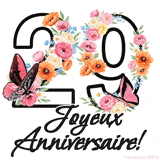 Ce GIF de Joyeux 29ème Anniversaire présente le nombre vingt rempli d'un bouquet vibrant de fleurs animées, avec des papillons qui bougent doucement sur un fond blanc.