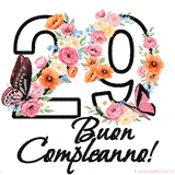 Questo GIF di Buon 29° Compleanno mostra il numero venti riempito con un vibrante bouquet di fiori animati, con farfalle che si muovono dolcemente su uno sfondo bianco.