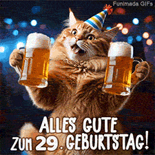 Flauschige Katze mit blau-gelbem Partyhut prostet mit zwei Biergläsern zu. Schriftzug im Bild: Alles Gute zum 29. Geburtstag! Bunte Lichter im Hintergrund.