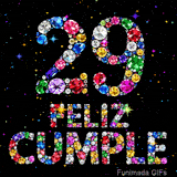 Un oscuro fondo estrellado sirve de base para mostrar el número 29 y el texto FELIZ CUMPLE, diseñados con brillantes piedras de colores.