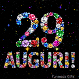 Su uno sfondo scuro, il numero 29 e la parola Auguri sono formati da diamanti multicolori, accompagnati da piccole stelle scintillanti.