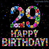 A black canvas displaying the number 29 and Happy Birthday text, both formed by shiny multi-colored diamonds surrounded by tiny twinkling bright colored lights.