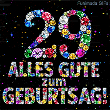 Funkelnde verschiedenfarbige Edelsteine bilden die Ziffer 29 und Alles Gute zum Geburtstag vor einem schwarzen Hintergrund mit Lichtpunkten.
