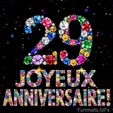 Sur un fond sombre, le chiffre 29 et Joyeux Anniversaire sont formés par des diamants multicolores, accompagnés de petites étoiles scintillantes.