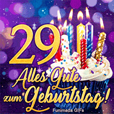 Die Zahl 29 in Gold neben einem verzierten Törtchen. Brennende Kerzen und die goldene Schrift 'Alles Gute zum Geburtstag!' auf violettem Bokeh.