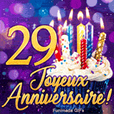 Image animée pour les 29 ans montrant un cupcake avec bougies brillantes et le chiffre 29 en or sur fond étoilé.