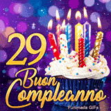 Immagine animata per i 29 anni mostrante un tortino con candele brillanti e il numero 29 in oro su sfondo viola.
