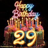 Animated revolving cake GIF for 29th birthday with rainbow frosting swirls, lit candles, and large glowing yellow number 29.