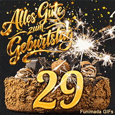 Goldsterne rieseln über einen Schokokuchen vor schwarzem Hintergrund. Die goldene 29 und eine leuchtende Wunderkerze ergänzen den Glückwunschtext.