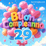 Un grappolo di palloncini colorati deriva verso le nuvole. Il testo 3D a palloncino indica Buon Compleanno proprio sopra il grande numero 29 azzurro.