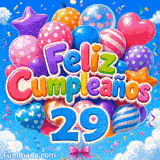 Imagen animada para los 29 años mostrando globos de colores estampados y el número 29 azul sobre fondo de cielo.