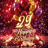Colorful balloons presents and red-white roses frame the golden number 29 with Happy Birthday and falling confetti against a rich red backdrop
