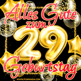 A vibrant greeting card featuring colorful balloons in the background with the large number '29' and the words 'Happy Birthday!' in glowing, bold text