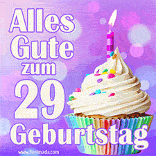Ein lebendiges Geburtstags-GIF mit einem dekorierten Cupcake, einer Kerze und der Zahl 29 auf einem bunten Hintergrund.