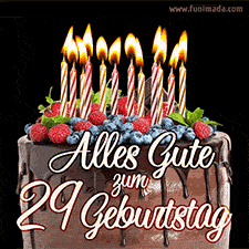 Das Geburtstags-GIF zeigt einen Schokoladenkuchen mit Beeren und Kerzen zur Feier eines 29. Geburtstags.