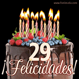 Animación de un pastel de chocolate decorado con frutas, velas encendidas y el número 29, acompañado de la palabra '¡Felicidades!' en elegante tipografía.