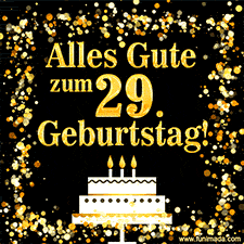 Dieses lebhafte Geburtstags-GIF zeigt eine Torte mit Kerzen, goldenem Konfetti und der Zahl 29.