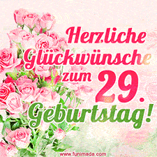 Ein elegantes Geburtstagsgeschenk für sie mit den Worten 'Herzlichen Glückwünsche zum 29. Geburtstag' und einem Strauß rosa Rosen.