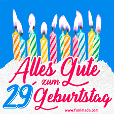Ein buntes Geburtstags-GIF mit strahlenden Kerzen auf einer festlichen Torte zur Feier des 29.