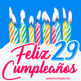 Animación de un pastel decorado con velas coloridas y encendidas, el número 29 destacado en azul y la frase 'Feliz cumpleaños' en letras estilizadas.